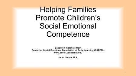 Helping Families Promote Children’s Social Emotional Competence Based on materials from Center for Social Emotional Foundation of Early Learning (CSEFEL)