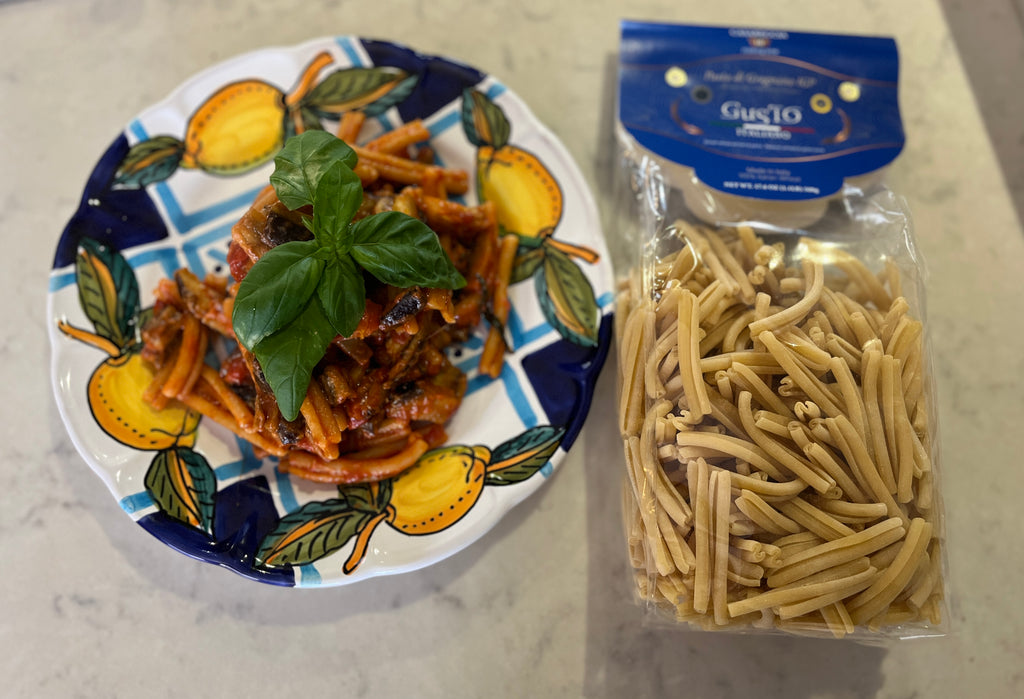 Casareccia with eggplant and smoke mozzarella